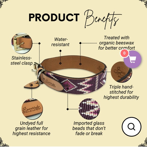 New Limited Edition Sambboho Charlotte Purple Beaded Leather Dog Collar sz 20-22 - Picture 6 of 16